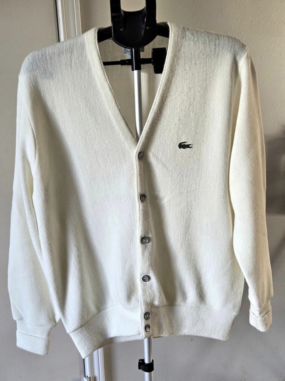 Vintage IZOD Lacoste Cardigan M Made USA Ivory Crocodile Preppy Grandpa Sweater